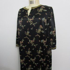 XL Vintage Asian Silk Rayon Brocade Tunic Lounge Maxi Dress Gold Braid Black